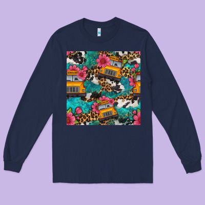 Western School Bus Seamless Pattern Long Sleeve Tee Designed By Bundleandbundleshop