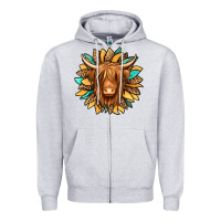 Heather Grey highland cow turquoise sunflower Zipper Hoodie - Jasminsmagicworld
