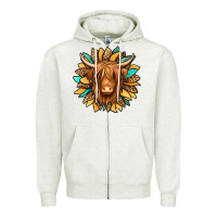 Oatmeal Heather highland cow turquoise sunflower Zipper Hoodie - Jasminsmagicworld