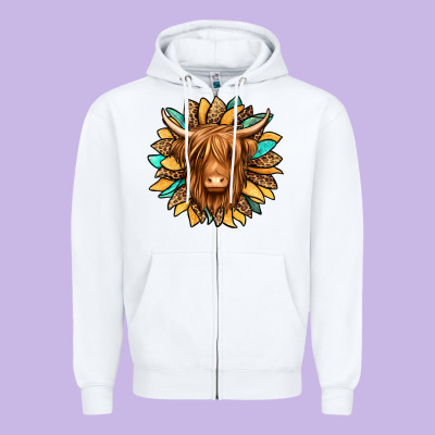 Highland Cow Turquoise Sunflower Zipper Hoodie Designed By Jasminsmagicworld