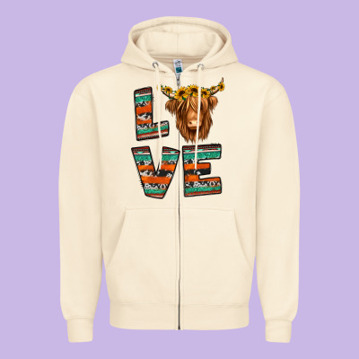 Love Highland Cow Zipper Hoodie Designed By Jasminsmagicworld