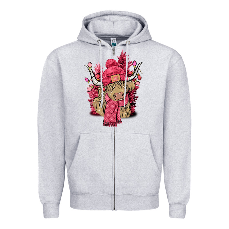 Pink Winter Long Haired Cow Zipper Hoodie by NancyCooperArtShop | Teevron