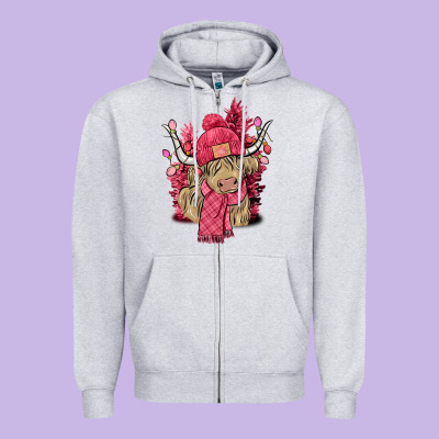 Pink Winter Long Haired Cow Zipper Hoodie Designed By Nancycooperartshop