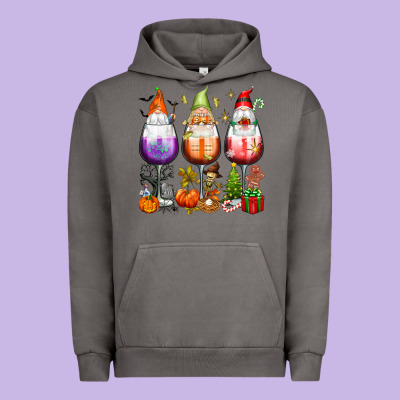 Hallothanksmas Wine Glasses And Gnomes Urban Hoodie Designed By Texasbilliewilder