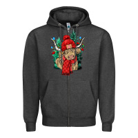 Charcoal Heather Red Christmas long haired Cow Zipper Hoodie - NancyCooperArtShop