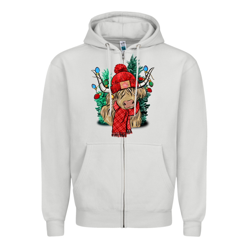 Red Christmas Long Haired Cow Zipper Hoodie by NancyCooperArtShop | Teevron