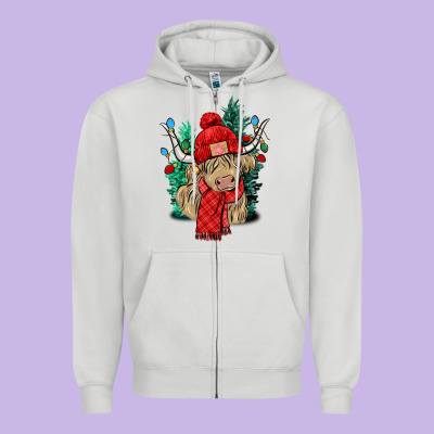 Red Christmas Long Haired Cow Zipper Hoodie Designed By Nancycooperartshop