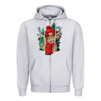 Heather Grey Red Christmas long haired Cow Zipper Hoodie - NancyCooperArtShop