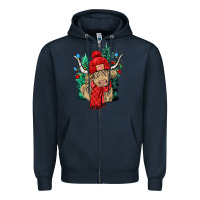 Navy Red Christmas long haired Cow Zipper Hoodie - NancyCooperArtShop