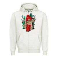 Oatmeal Heather Red Christmas long haired Cow Zipper Hoodie - NancyCooperArtShop