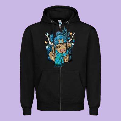 Winter Long Haired Cow Zipper Hoodie Designed By Nancycooperartshop