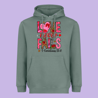 Love Never Fails I Corintians 13 8 Heavyweight Hoodie Designed By Nancycooperartshop