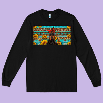 Doberman With Sunflowers License Plate Long Sleeve Tee Designed By Artiststas