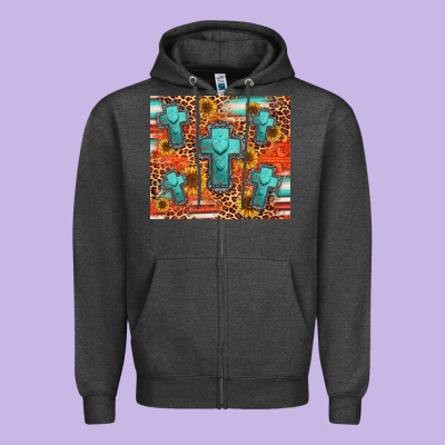 Turquoise Cross Pattern Zipper Hoodie Designed By Jasminsmagicworld