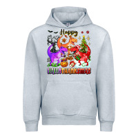 Heather Grey happy hallothanksmas dinosaur Urban Hoodie - texasbilliewilder