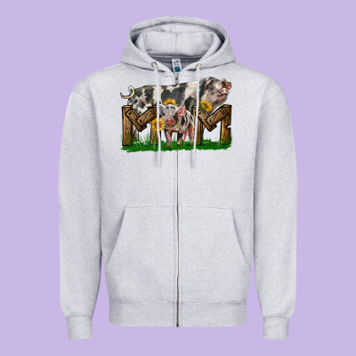 Western Mom With Spotted Pig And Baby Pig Zipper Hoodie Designed By Lillyallendesigns