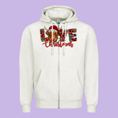 Love Christmas Highland Cow And Turquoise Gemstone Zipper Hoodie Designed By Jasminsmagicworld