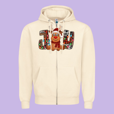 Joy Christmas Reindeer Zipper Hoodie Designed By Jasminsmagicworld