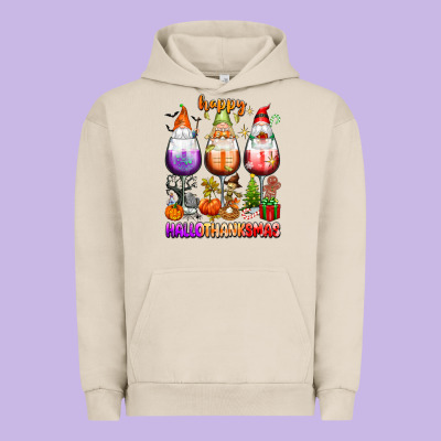Happy Hallothanksmas Wine Glasses And Gnomes Urban Hoodie Designed By Texasbilliewilder