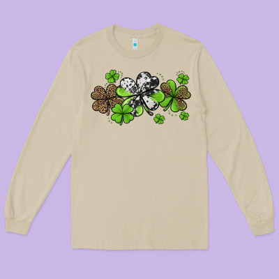 Western Cowhide Leopard Glitter Shamrocks Long Sleeve Tee Designed By Jasminsmagicworld