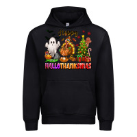 Black Happy Hallothanksmas with ghost turkey and tree Urban Hoodie - texasbilliewilder