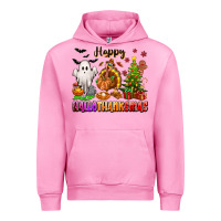 Fuchsia Pink Happy Hallothanksmas with ghost turkey and tree Urban Hoodie - texasbilliewilder