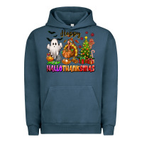 Pigment Midnight Navy Happy Hallothanksmas with ghost turkey and tree Urban Hoodie - texasbilliewilder