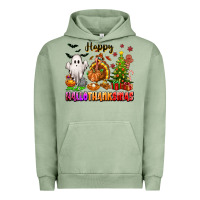 Pigment Oil Green Happy Hallothanksmas with ghost turkey and tree Urban Hoodie - texasbilliewilder
