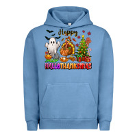Pigment Pebble Blue Happy Hallothanksmas with ghost turkey and tree Urban Hoodie - texasbilliewilder