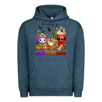 Pigment Midnight Navy happy hallothanksmas skeleton coffee cups Urban Hoodie - texasbilliewilder
