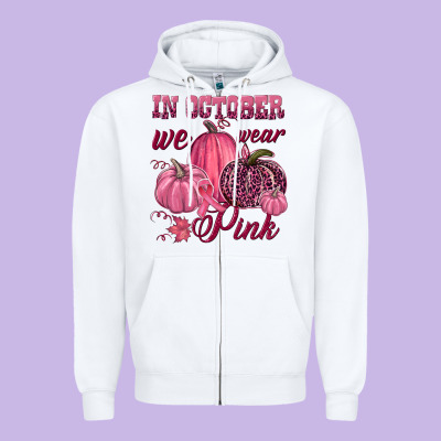 In October We Wear Pink Zipper Hoodie Designed By Nancycooperartshop