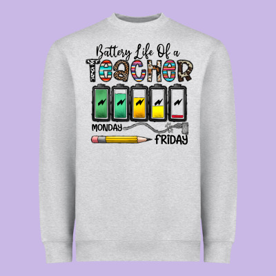 Battery Life Of A Teacher Monday Friday Heavyweight Sweatshirt Designed By Cowhidedigitalart