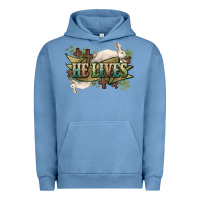 Pigment Pebble Blue He lives Easter Urban Hoodie - NancyCooperArtShop