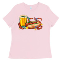 Bubblegum Pink hot dog and beer with stars and usa flags Ladies Tee - AdoDesignShop