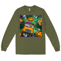 Army Green halloween bus and pumpkin seamless pattern Long Sleeve Tee - BundleAndBundleShop