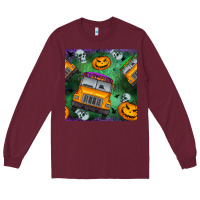 Burgundy halloween bus and pumpkin seamless pattern Long Sleeve Tee - BundleAndBundleShop