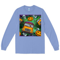 Colony Blue halloween bus and pumpkin seamless pattern Long Sleeve Tee - BundleAndBundleShop