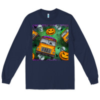 Navy halloween bus and pumpkin seamless pattern Long Sleeve Tee - BundleAndBundleShop