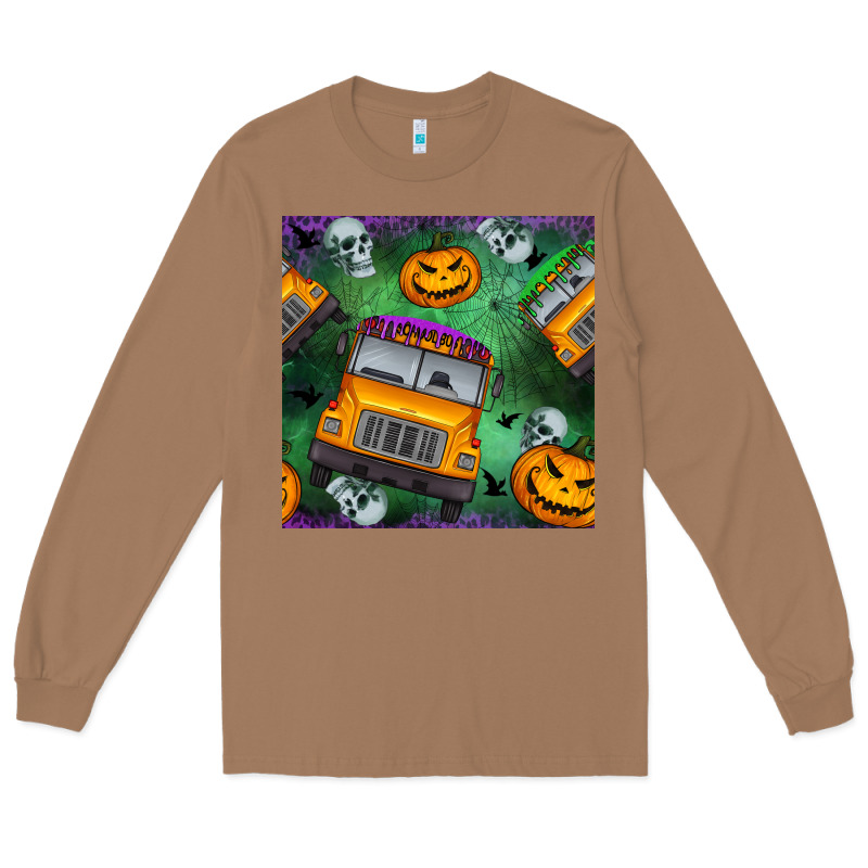 Halloween Bus And Pumpkin Seamless Pattern Long Sleeve Tee by BundleAndBundleShop | Teevron