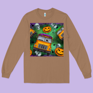 Halloween Bus And Pumpkin Seamless Pattern Long Sleeve Tee Designed By Bundleandbundleshop