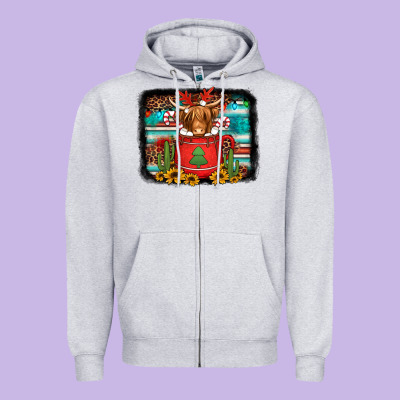 Hot Coco Christmas Highland Cow With Background Zipper Hoodie Designed By Jasminsmagicworld