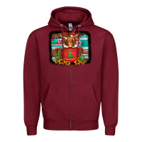 Burgundy hot coco christmas highland cow with background Zipper Hoodie - Jasminsmagicworld