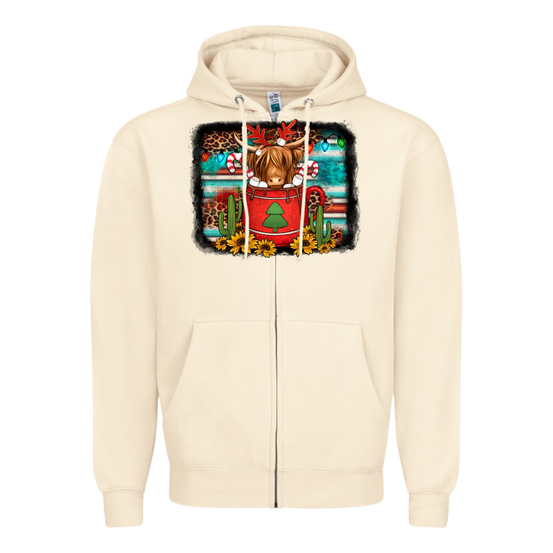 Hot Coco Christmas Highland Cow With Background Zipper Hoodie by Jasminsmagicworld | Teevron