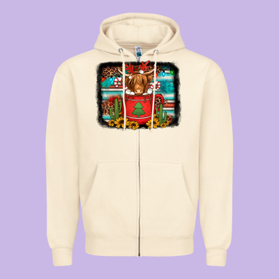 Hot Coco Christmas Highland Cow With Background Zipper Hoodie Designed By Jasminsmagicworld