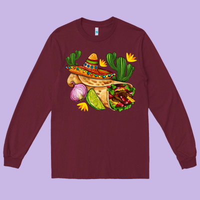 Burrito  With Sombrero And Union With Cactus Long Sleeve Tee Designed By Adodesignshop