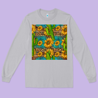 Sunflower And Cactus Seamless Pattern Long Sleeve Tee Designed By Bundleandbundleshop