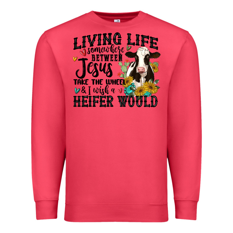 Living Life Somewhere Between Jesus Take The Wheel Premium Sweatshirt by MaliasSmallBusiness | Teevron