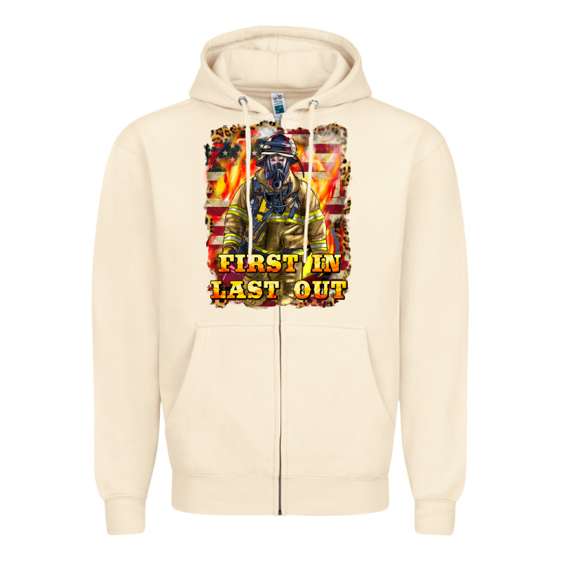 First In Last Out Firefighter Zipper Hoodie by LillyAllenDesigns | Teevron