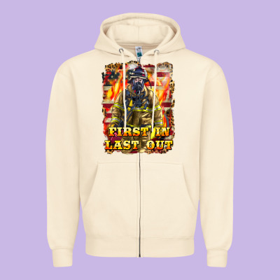 First In Last Out Firefighter Zipper Hoodie Designed By Lillyallendesigns
