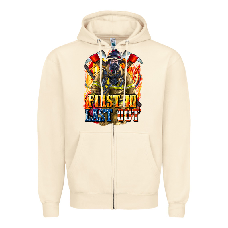 First In Last Out American Firefighter Zipper Hoodie by LillyAllenDesigns | Teevron